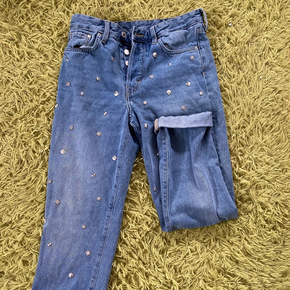 vintage fit high waist denim jeans with gems